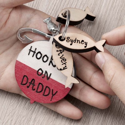 Father's Day Personalized Fishing Keychain With Kids Name We're Hooked on Daddy