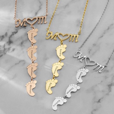 Personalized MoM Heart 1-8 Baby Feet Charms Engraved Name Necklace