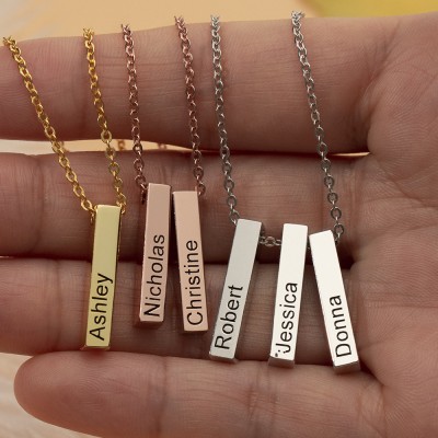 Personalized Vertical Short 1-3 3D Engraved Bar Name Necklace