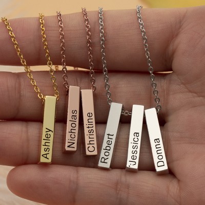 18K Rose Gold Plating Personalized Vertical Short 3D Engraved Bar Name Necklace