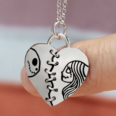 Silver Lovely Heart Jack Skellington and Sally Couple Name Engraving Necklace Valentine's Day Gifts