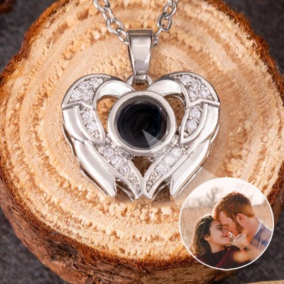 Custom Photo Projection Angel Wing Heart Necklace For Valentine's Day Gift