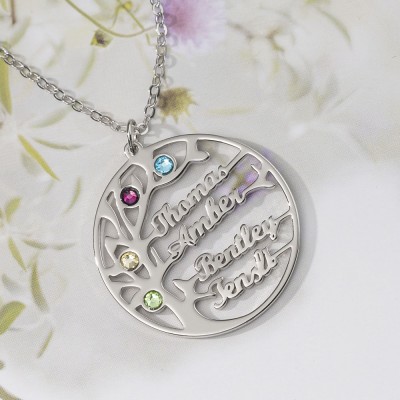 Silver Personalized Tree-Design Family Tree Name Necklace With Birthstone