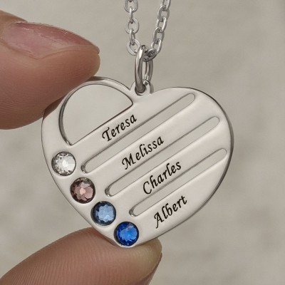 Personalized Heart Engraved Name Necklaces With 1-4 Birthstones