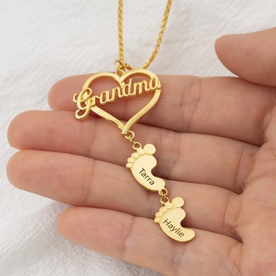 Personalized Love Grandma Heart Baby Feet Shape Engraved Name Necklaces With 1-10 Pendants