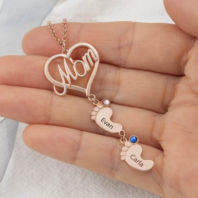 Personalized MOM Heart Baby Feet Pendant Birthstone Name Necklace with 1-10 Charms