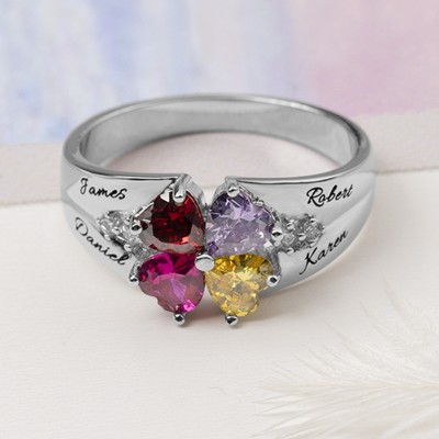 S925 Silver Personalized Engraved Heart-Shaped Birthstones Ring with 1-8 Names
