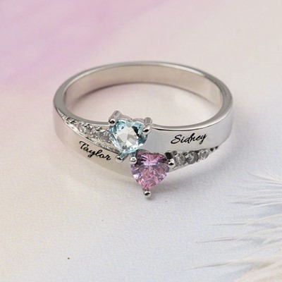 S925 Silver Personalized Engraved Heart-Shaped Birthstones Ring with 1-8 Names