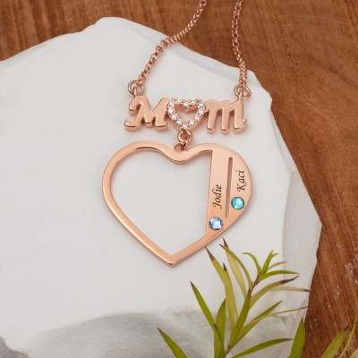 Custom Mom Heart Necklace With Kids Name and Birthstone For Mother's Day Christmas Birthday Gift Ideas