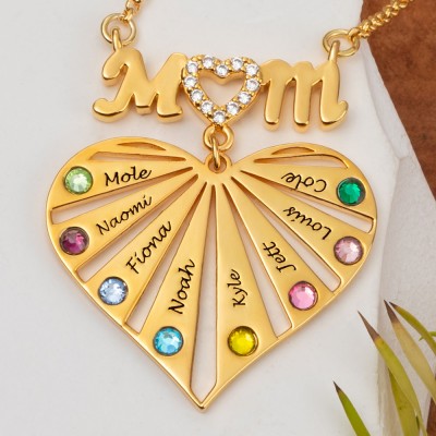 Custom Mom Heart Necklace With Kids Name and Birthstone For Mother's Day Christmas Birthday