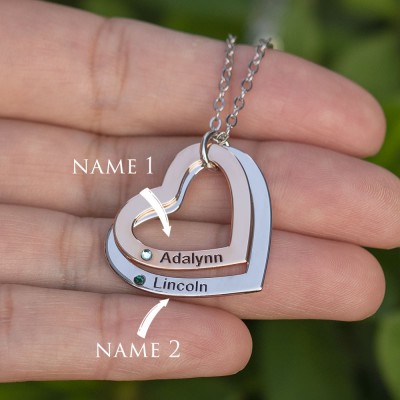 Personalized Heart Couple Names Necklaces With Birthstones Valentine's Day Gift