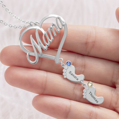 Silver Personalized Mama Heart Baby Feet Pendant Birthstone Name Necklace with 1-10 Charms