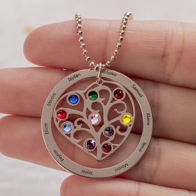Personalized Family Heart Name Necklace With Birthstone Christmas Gift