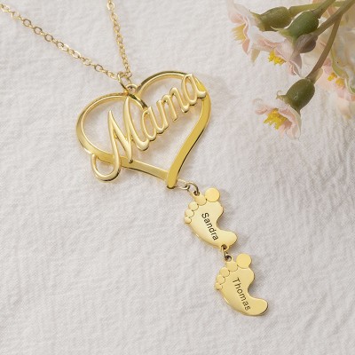 Silver Personalized Love MaMa Heart 1-10 Baby Feet Charms Name Necklace