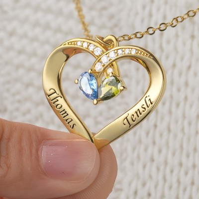 Personalized Couple Names Heart Necklace With Birthstones Valentine's Day Gifts