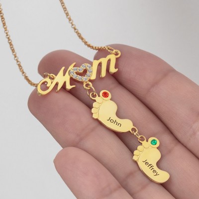 Personalized BabyFeet Mom Name Necklace With Birthstones 1-10 Charms Pendants