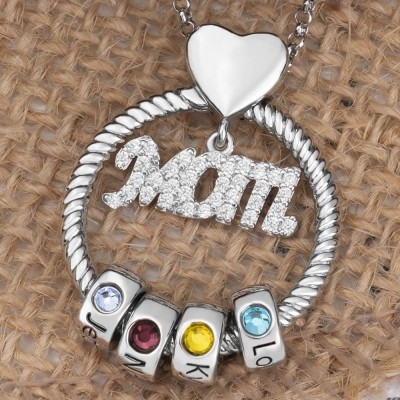 Personalized Circle Pendant Mom Necklace with Engraved Name and Birthstone Beads For Christmas Mother's Day