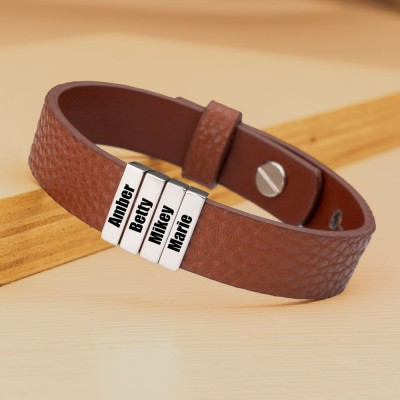 Personalized Dad And Children's 1-11 Name Engraving Bead Leather Bracelet
