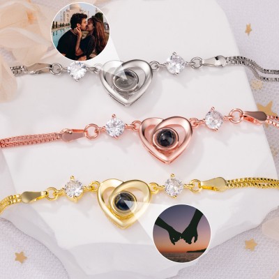 Custom Photo Projection Heart Charm Bracelet For Couple Soulmate Valentine's Day Gift Ideas