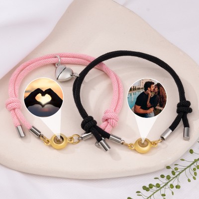 Custom Memorial Photo Projection Charm Bracelet Set of 2 For Her and Him Valentine's Day Gift Ideas