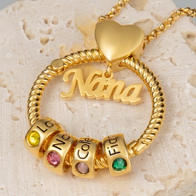 Personalized Circle Pendant Necklace with Engraved Name and Birthstone Beads For Nana Christmas Mother's Day