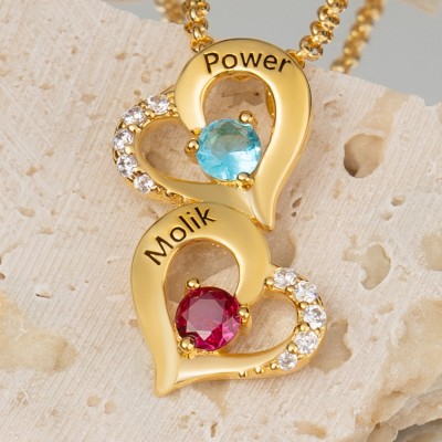 Personalized 2 Hearts Necklaces With Name and Birthstone For Soulmate Girlfriend Valentine's Day Gift Ideas