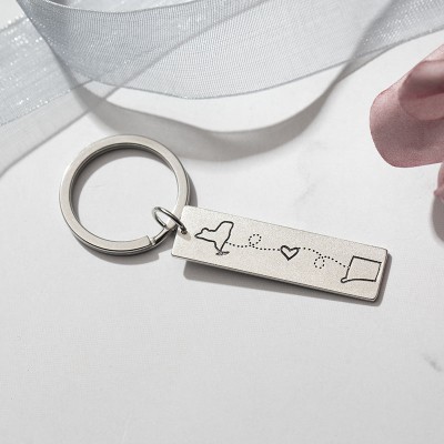 Custom With ANY Two Locations States Marked Long Distance Family Couples Friends Keychain