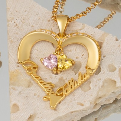 Personalized Heart Necklaces With 2 Name and Birthstone For Soulmate Girlfriend Valentine's Day