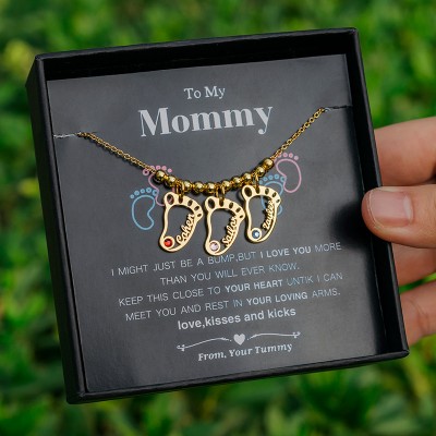 Personalized 1-10 Hollow BabyFeet Charms Name Necklace With Birthstone To My Mom Gift