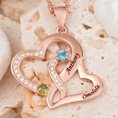 Personalized Heart Necklaces With 2 Names and Birthstone For Soulmate Girlfriend Valentine's Day Anniversary
