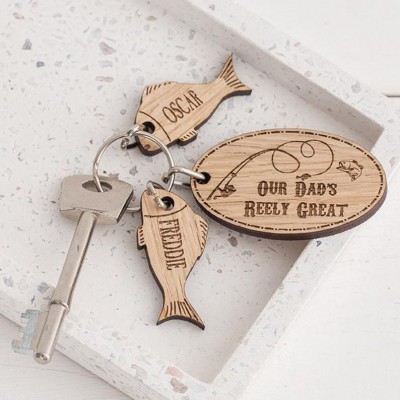 Father's Day Personalized Fishing Keychain With Kids Name We're Hooked on Daddy Papa
