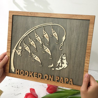 Hooked on Papa Dad Grandpa Personalized Fishing Trip Sign With Kids Name For Father's Day