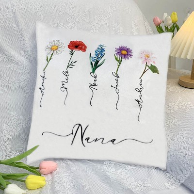 Custom Nana Pillow With Kids' Names & Birth Month Flowers For Mother's Day