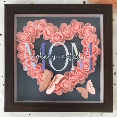 Personalized Mom Flower Shadow Box Red Oak Frame With Name For Mother's Day