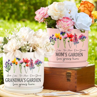 Custom Grandma's Garden Birth Month Flower Pot With Grandkids Name For Mother's Day