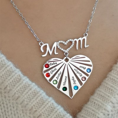 Personalized 1-8 Engraving Family Name Mom Heart Necklace With Birthstone Christmas Gift