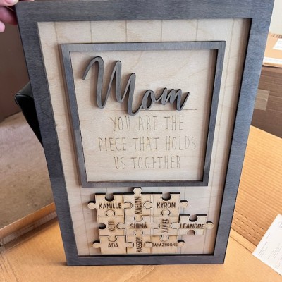 Mom Puzzle Pieces Personalized Engraved Wood Sign Home Wall Decor For Mothers Day Gift