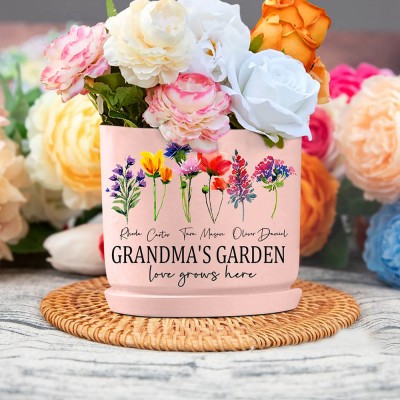 Custom Grandma's Garden Birth Month Flower Pot With Grandkids Name For Mother's Day