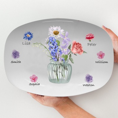 Grandma's Bunch Personalized Birth Month Flower Platter With Kids Name For Mother's Christmas Day