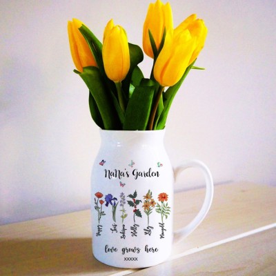 Custom Nana's Garden Vase With Grandkids Name and Birth Month Flower For Mother's Day