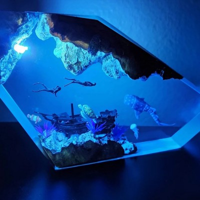 Ocean Resin Wood Lamp Whale shark and Couple Diver Night Light Housewarming Christmas gifts 