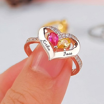 S925 Sterling Silver Personalized Birthstone Couple 2 Names Ring For Her
