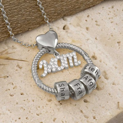 Silver Linda Circle Pendant Necklace With Engraved Beads Mom Gift