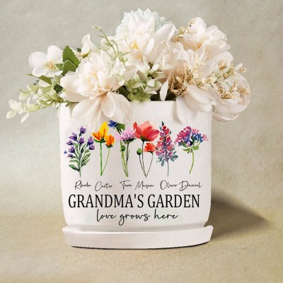 Custom Grandma's Garden Pot With Grandkids Name and Birth Month Flower For Mother's Day