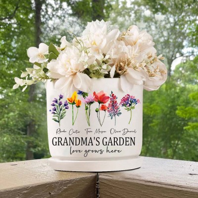 Custom Grandma's Garden Birth Month Flower Pot With Grandkids Name For Mother's Day