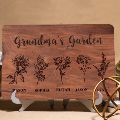 Custom Grandma's Garden Kitchen Cutting Board With Grandkids Name and Birth Month Flower For Mother's Day Christmas