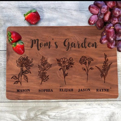 Custom Mom's Garden Kitchen Cutting Board With Kids Name and Birth Month Flower For Mother's Day Christmas