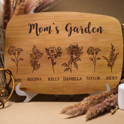 Custom Mom's Garden Kitchen Cutting Board With Kids Name and Birth Month Flower For Mother's Day Christmas