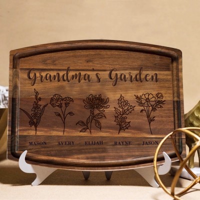 Custom Grandma's Garden Kitchen Cutting Board With Grandkids Name and Birth Month Flower For Mother's Day Christmas