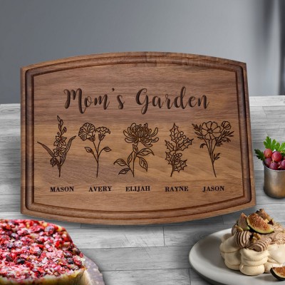 Custom Mom's Garden Kitchen Cutting Board With Kids Name and Birth Month Flower For Mother's Day Christmas